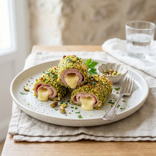 White ham rolls with Reblochon AOP and pistachio breading