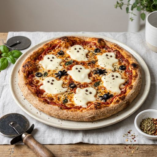Halloween mozzarella ghost pizza
