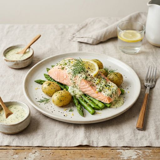 Steamed salmon with lemon-dill sauce