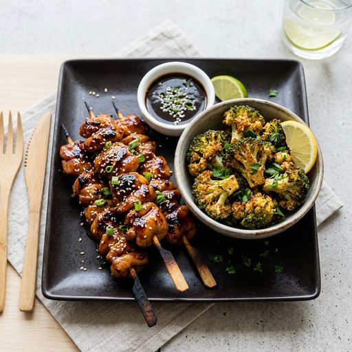 Yakitori-style chicken skewers and crispy broccoli wings in the Airfryer