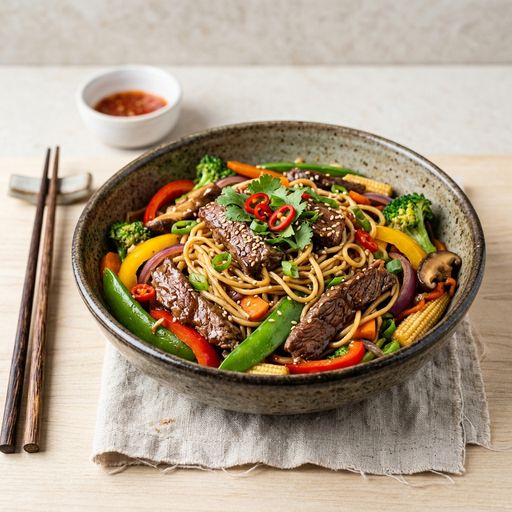 Wok de boeuf avec ses nouilles et légumes