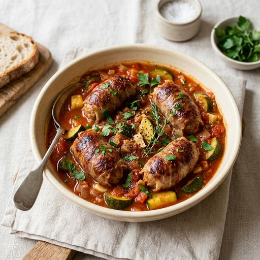 Zucchini and sausage patty stew with tomato
