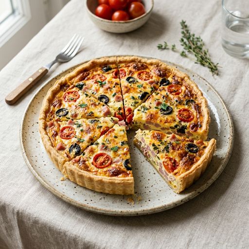 Quiche jambon, fromage, tomate, olives