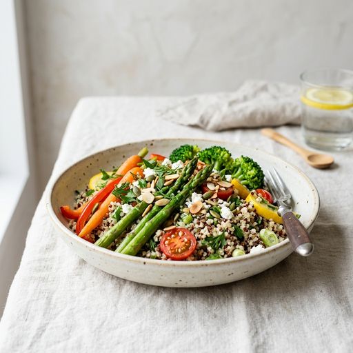 Warm quinoa salad with steamed vegetables