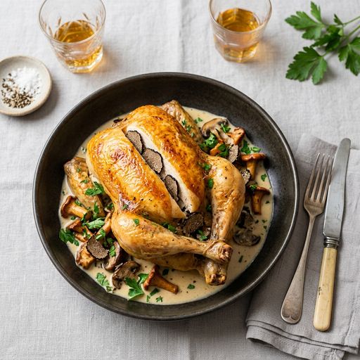 Demi-deuil style roast chicken, mushrooms, parsley, and cream and Vin Jaune sauce