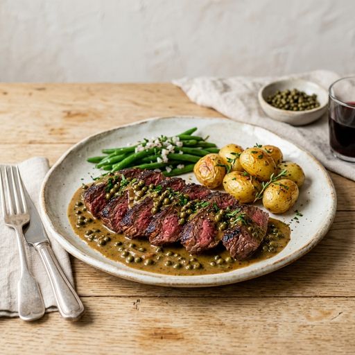 Hanger steak with green peppercorn sauce