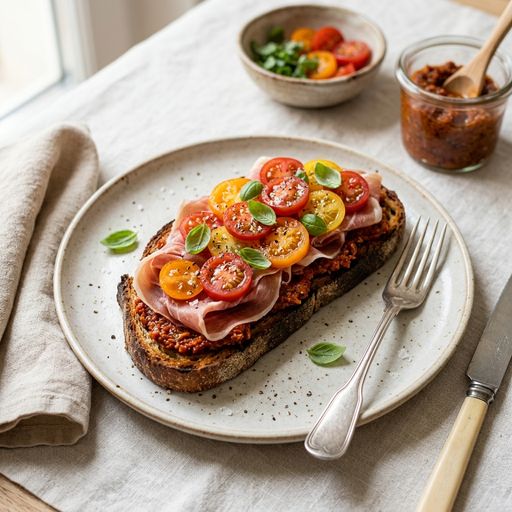 Ham tartines with tomato caviar, basil and fresh tomatoes