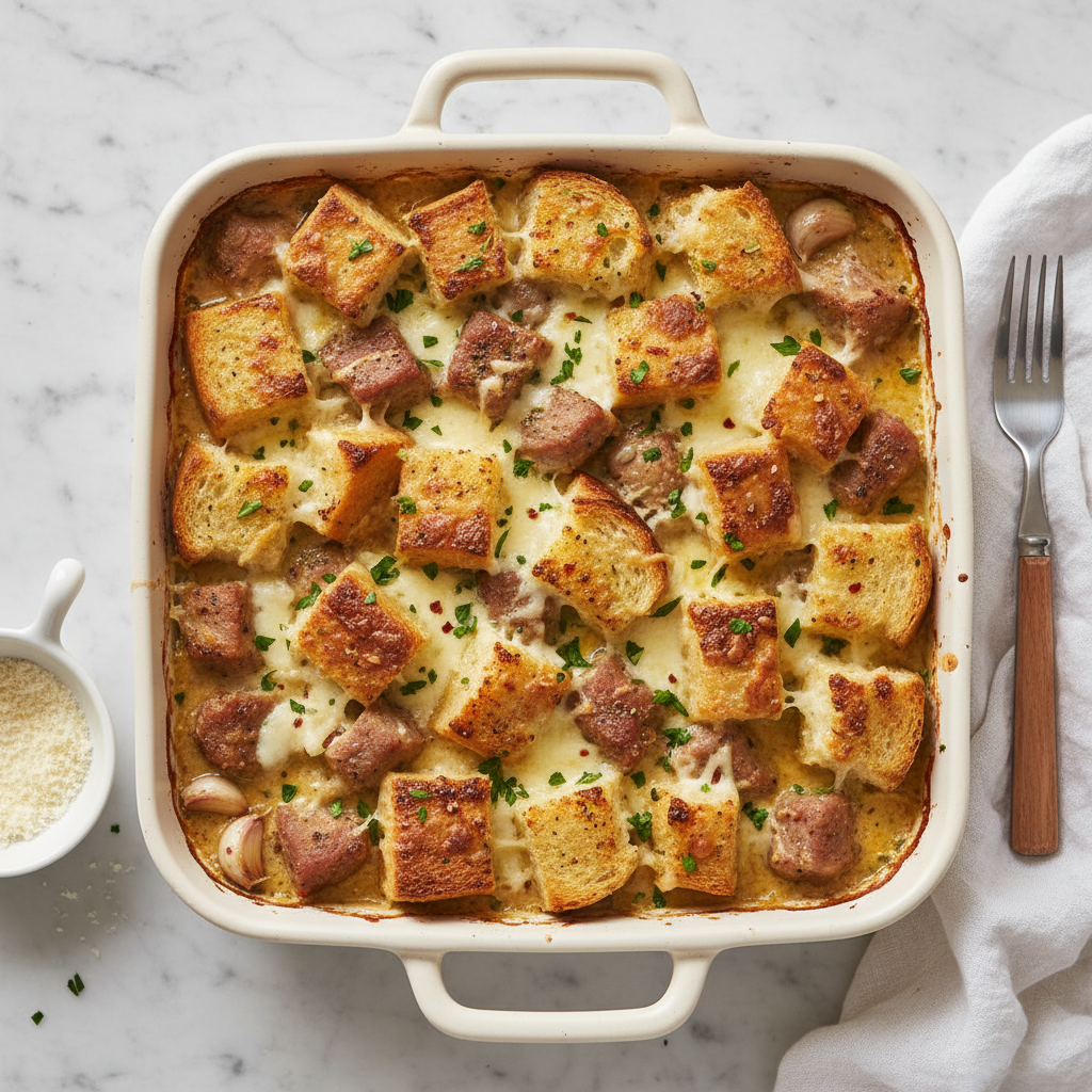 Pork and garlic bread bake