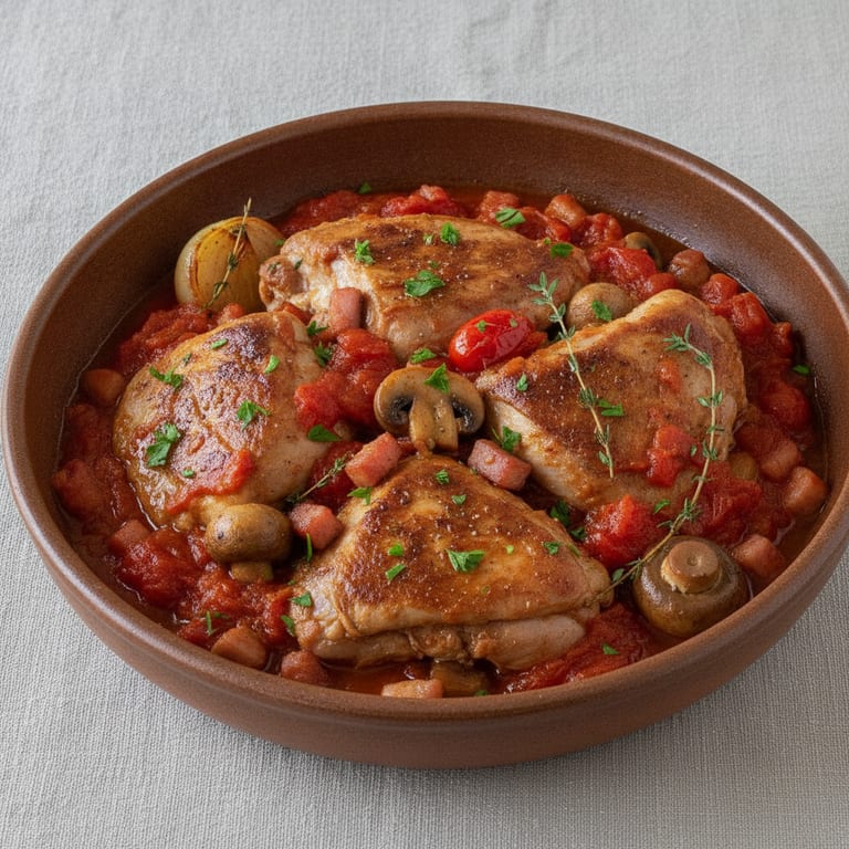 Lapin aux tomates, champignons et lardons