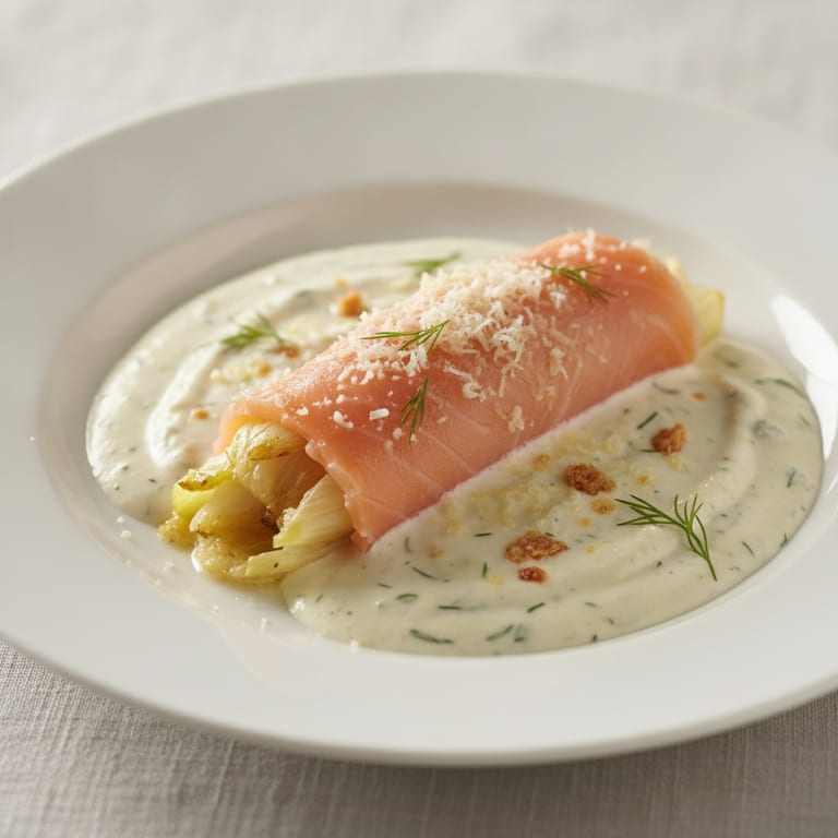 Roulade de chicon au saumon fûmé, sauce au mascarpone