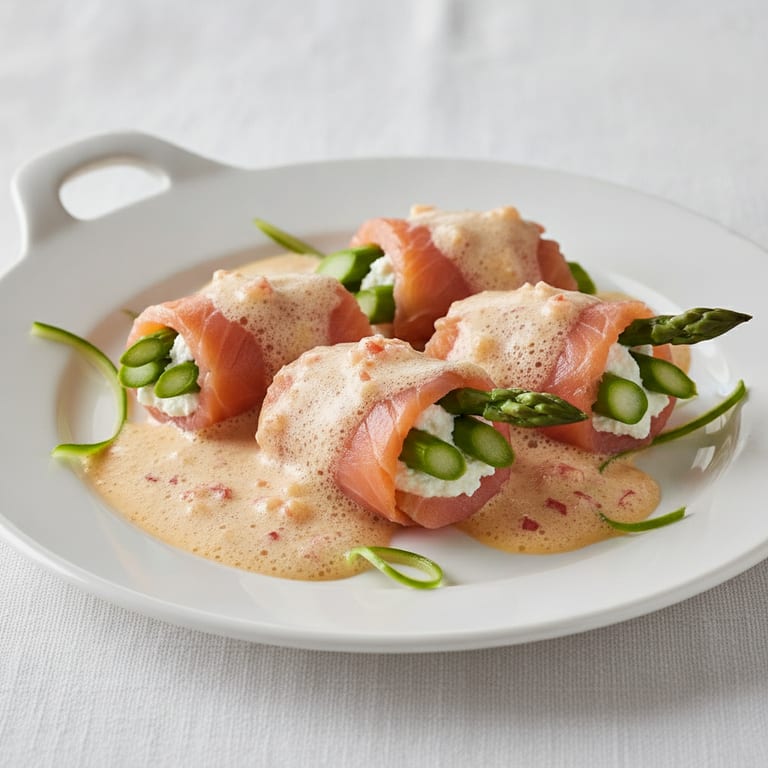 Roulade de saumon fumé aux asperges, sauce aux crevettes et au chèvre frais