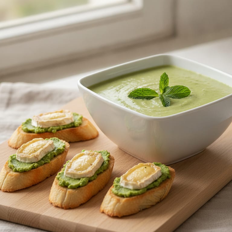 Velouté glacé petit pois menthe et mouillettes au chèvre