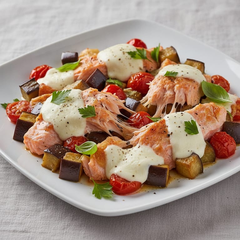 Salmon with eggplant and mozzarella