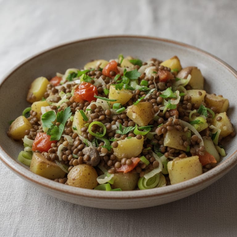Frichti végétarien complet et savoureux aux lentilles, pommes de terre et poireaux