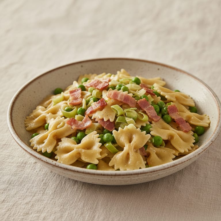 Pasta with peas, leeks, and bacon.