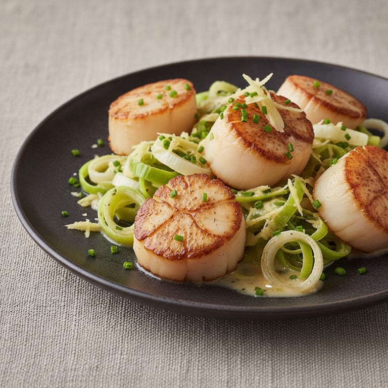 Coquilles st jacques au gingembre sur lit de poireaux au vin blanc