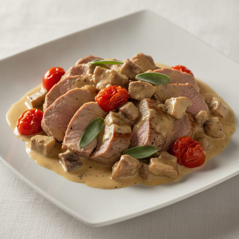 Veal fillets with porcini mushrooms, tomatoes, and cream