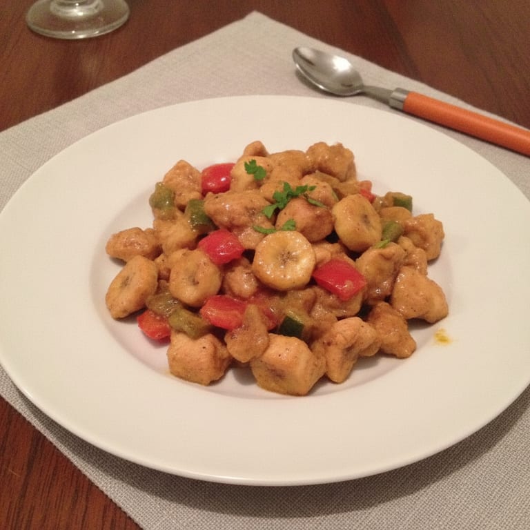 Poulet sauté au curry, petits légumes et banane