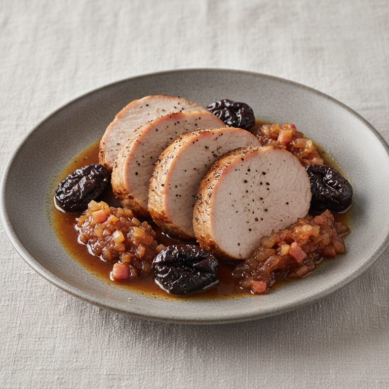 Porc aux pruneaux à la purée d'oignons
