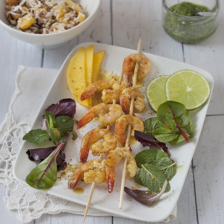 Brochettes de gambas marinées et riz à la mangue