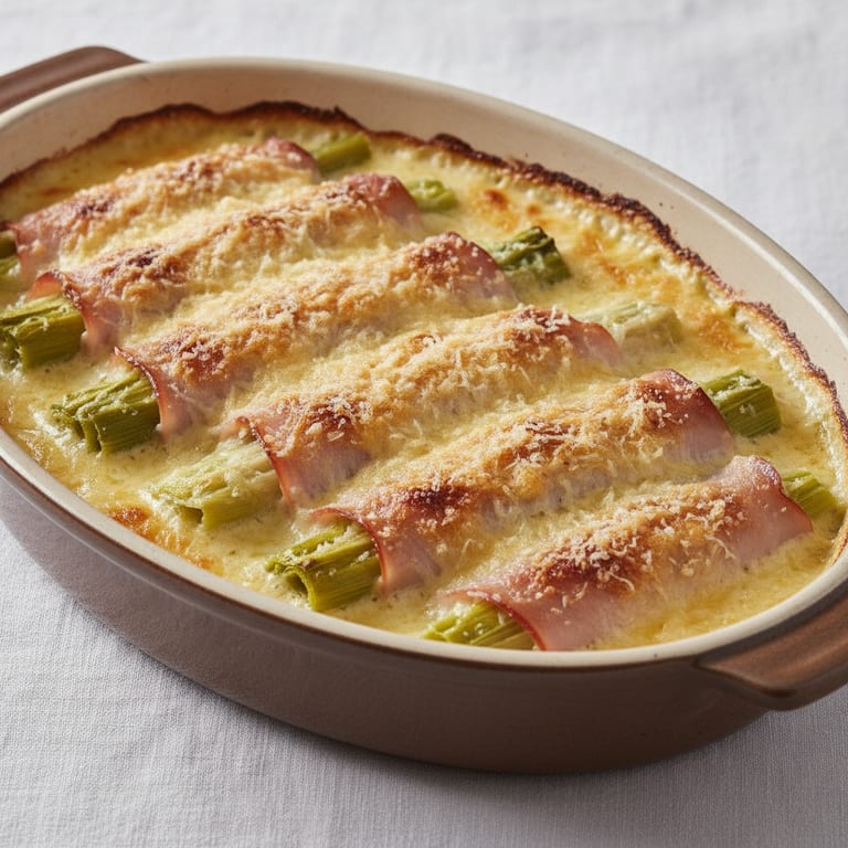LEEK GRATIN WITH HAM AND PARMESAN