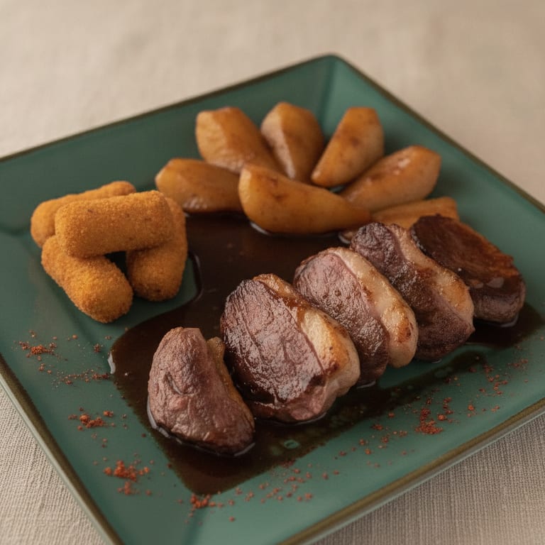 Délice pimenté de magret chocolaté aux poires caramélisées