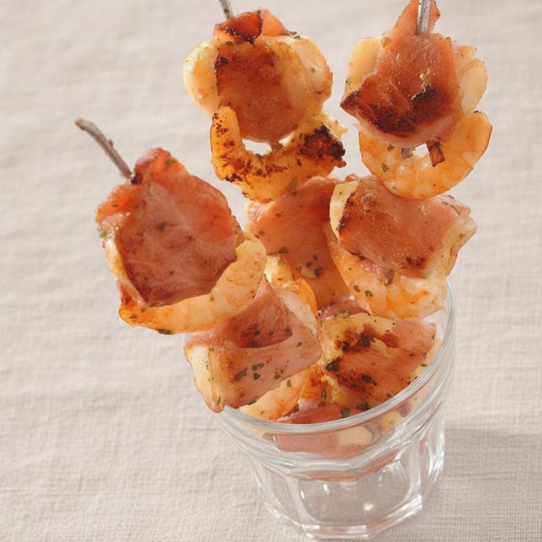Brochettes de Saint-Jacques et crevettes au bacon