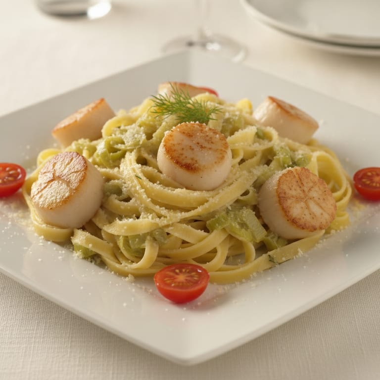 Tagliatelles à la fondue de poireaux, aux noix de pétoncles et au champagne