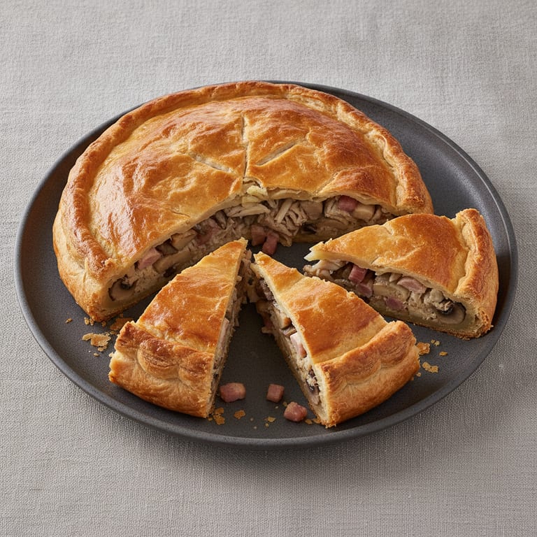 Tourte au poulet, champignons et lardons