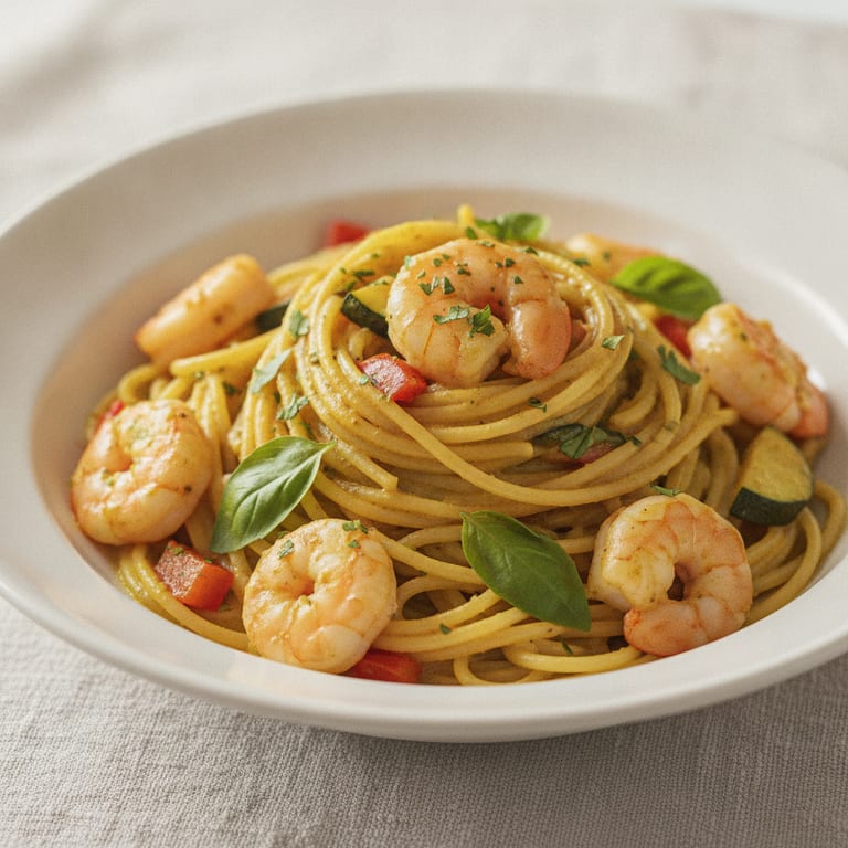 Spaghettis aux crevettes et curry