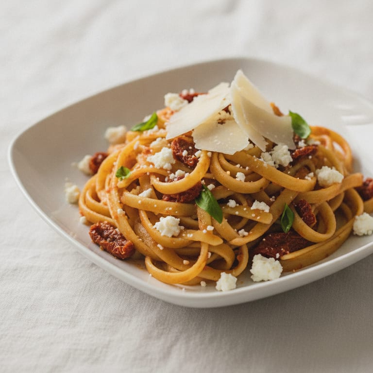 Pâtes au basilic, tomates séchées et feta