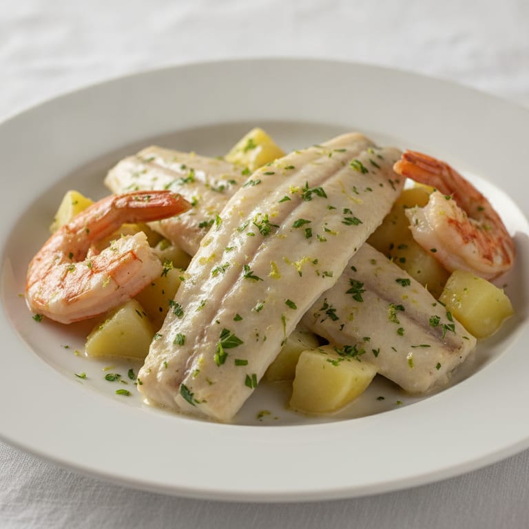 Filets de soles crêmés au citron sur lit de pommes de terre et langoustines zestées de citron vert
