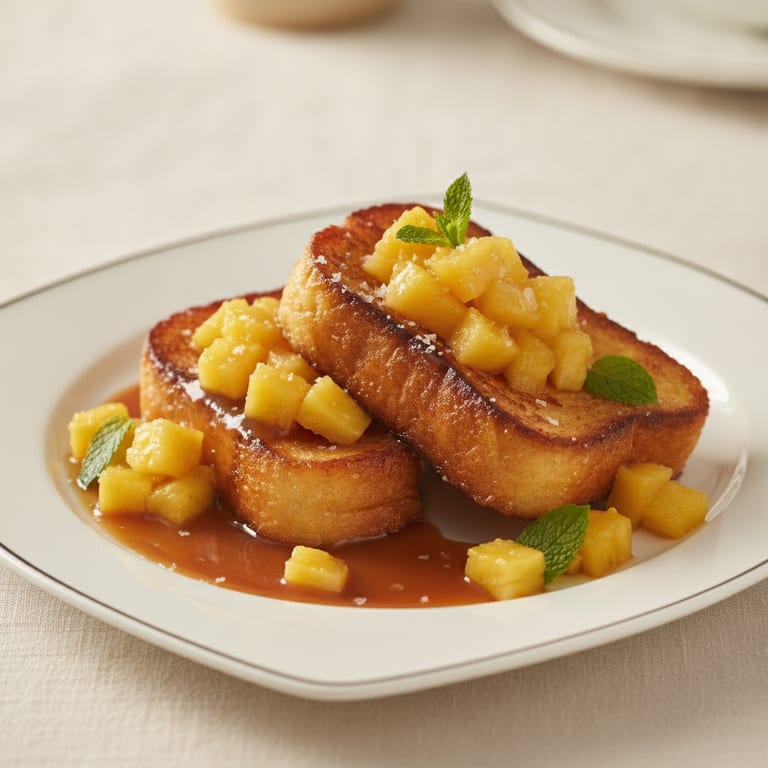 Pain perdu, tartare d'ananas au caramel salé