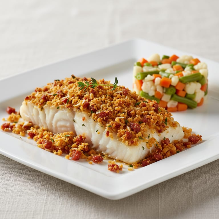Dos de cabillaud et son crumble de chorizo au parmesan