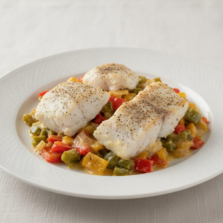 White fish fillets on a bed of bell peppers