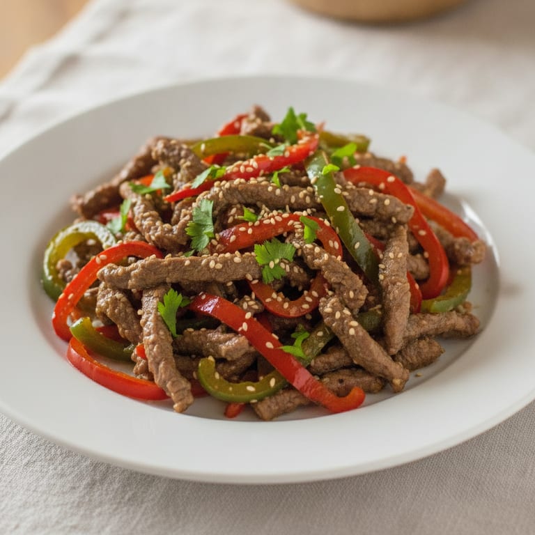 Beef stir-fry with bell peppers and sesame seeds