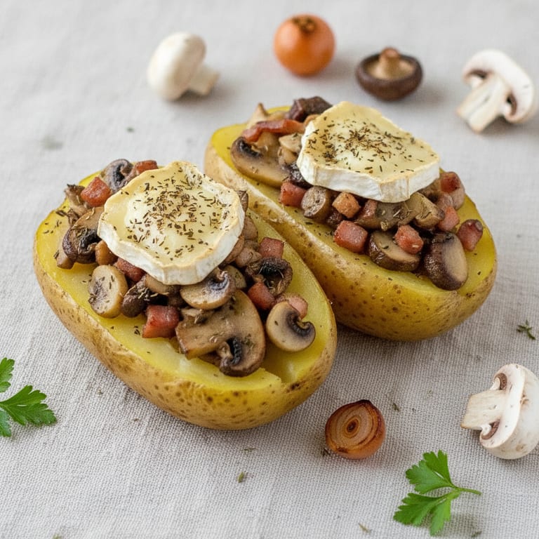Pomme de terre au four farcie, champignons, lardons et petits oignons