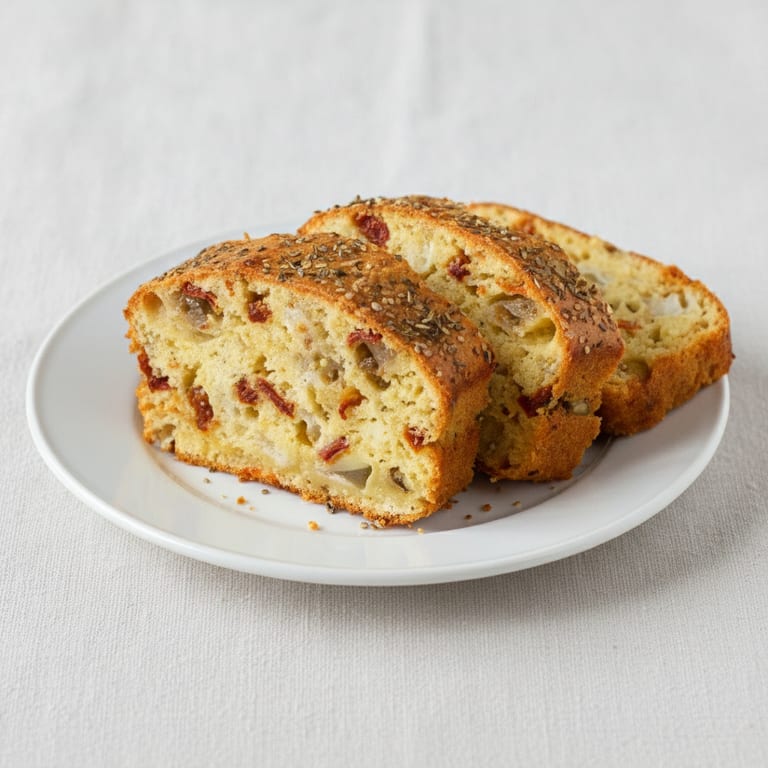 Savory cake with sun-dried tomatoes, goat cheese, and seeds
