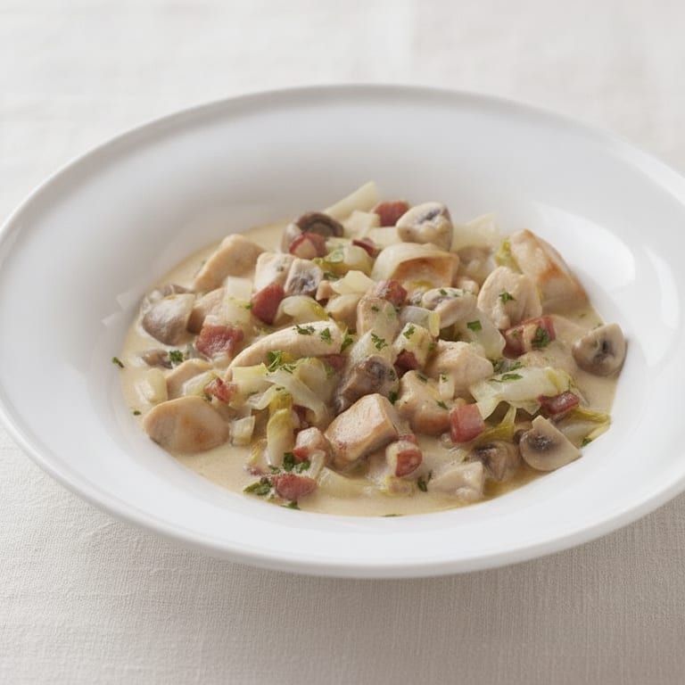 Blanc de poulet aux endives, champignons et lardons