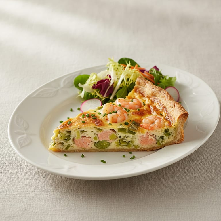 Tarte aux poireaux, saumon et crevettes