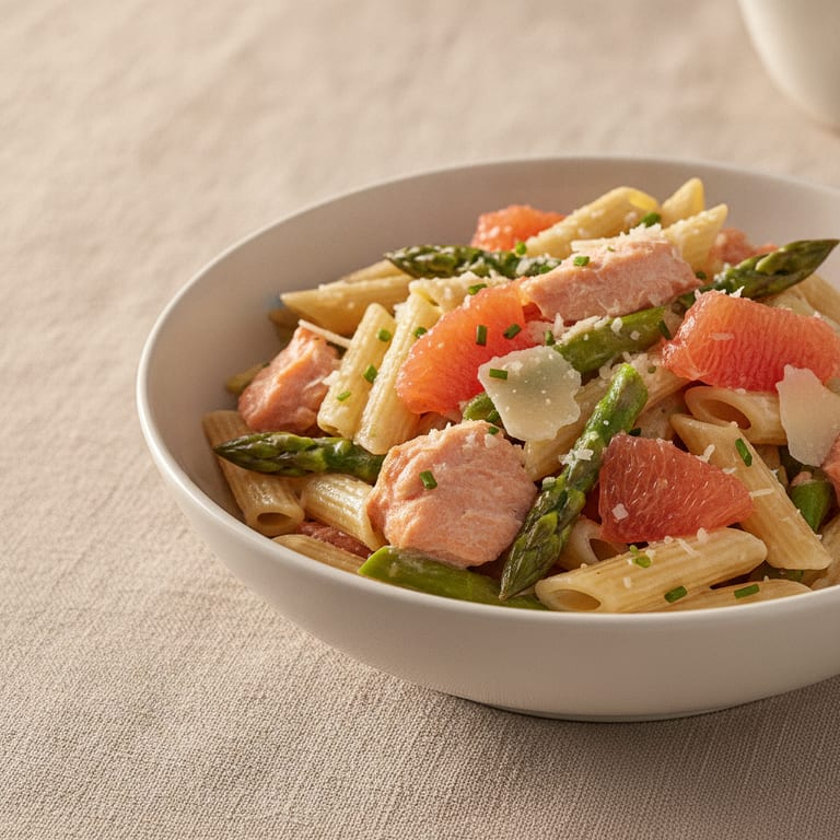 Penne au saumon, asperges et pamplemousse