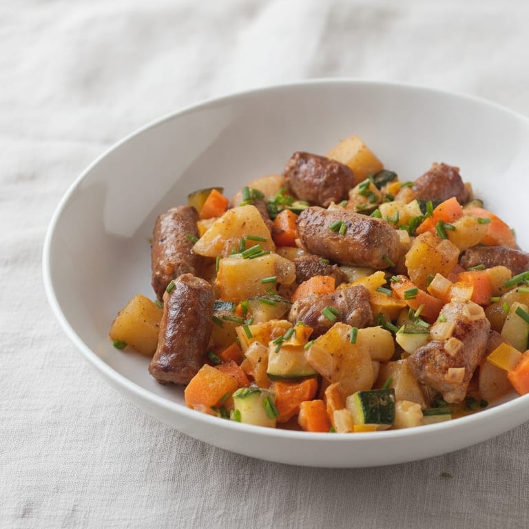 Vegetable stir-fry with merguez and chipolata sausages