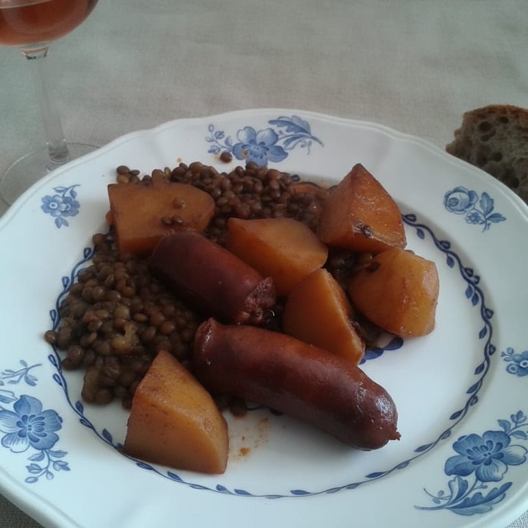 Ragoût de lentilles en sauce et saucisses