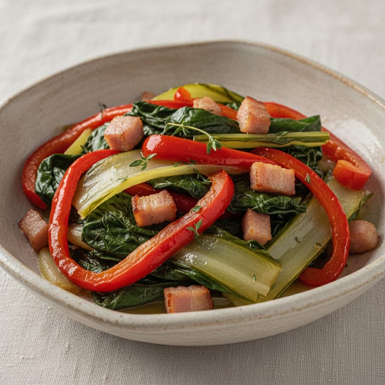 Braised Swiss chard and bell peppers with bacon