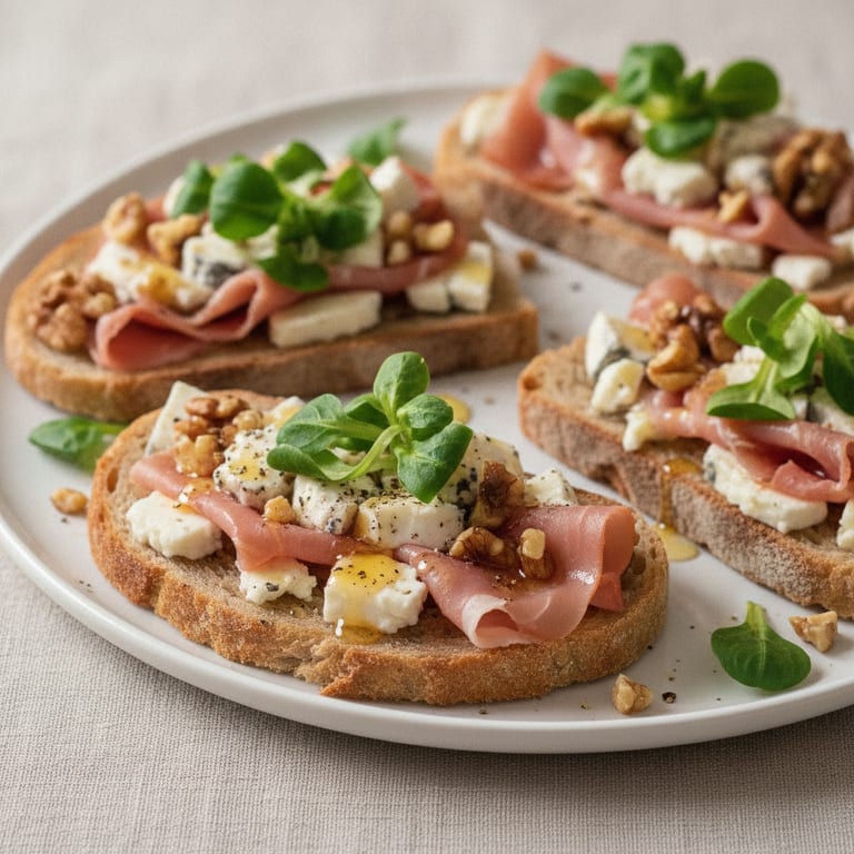Tartines de chèvre, jambon fumé et miel