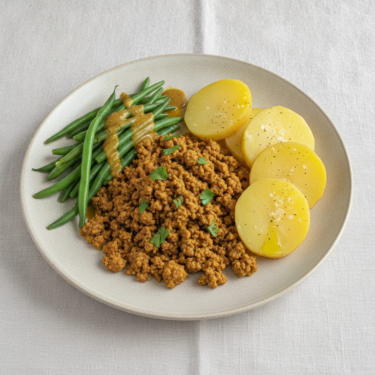 Poêlée haricots verts viande hachée au curry
