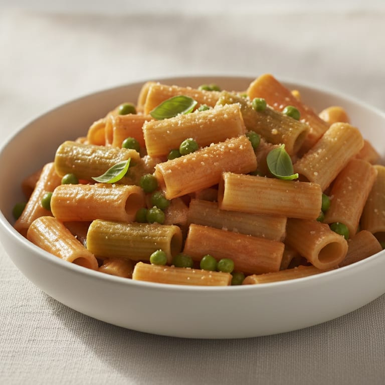 Pâtes tricolores à la crème de tomates et petits pois