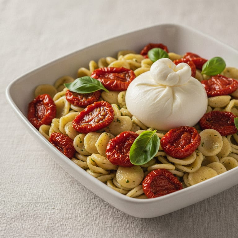 Orecchiette tomates confites, basilic et burrata