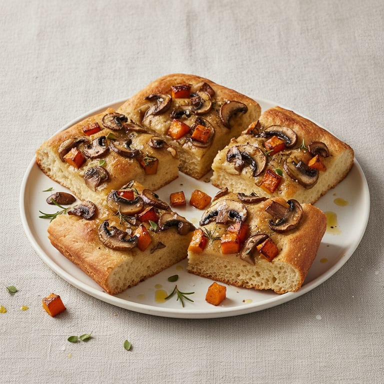 Focaccia aux champignons et potimarron rôti au miel