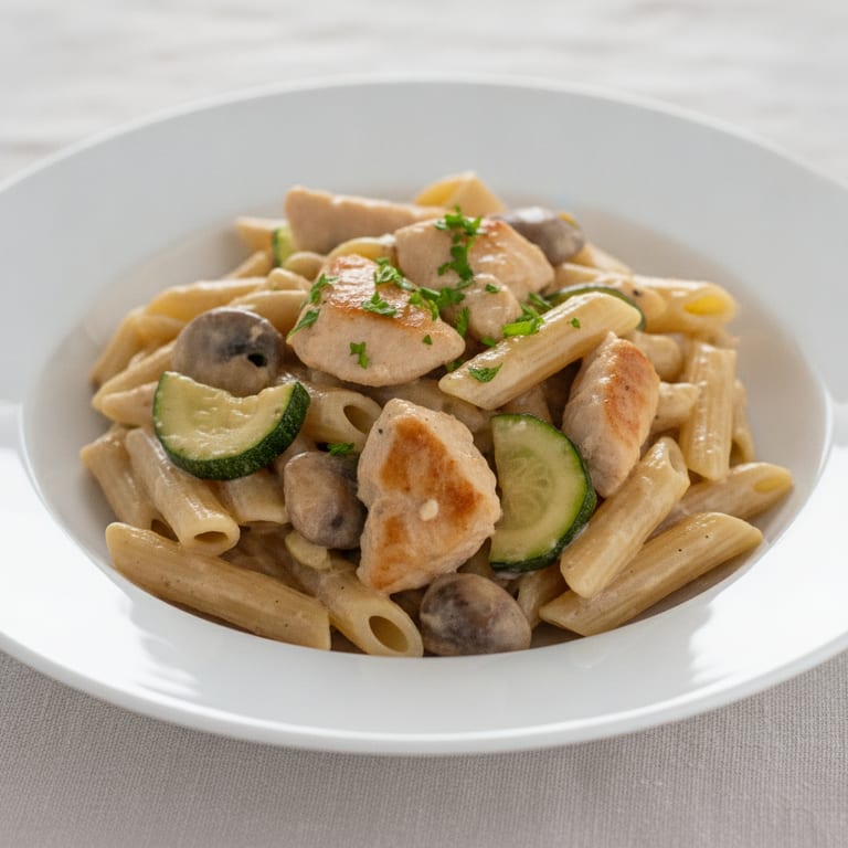 Pâtes au poulet, courgettes à la crème